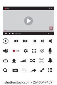 Modelo de interface de player de vídeo e áudio com botões definidos. Ilustrações planas vetoriais. Reproduzir ou parar vídeo. Design player para sites e aplicativos móveis isolados no fundo branco.