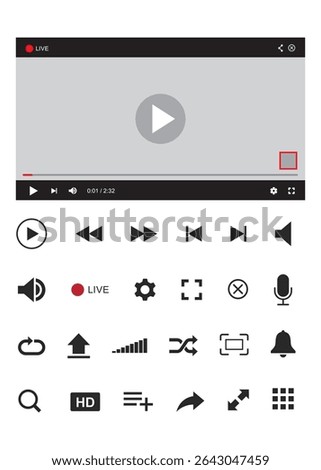 Video and audio player interface template with set buttons. Vector flat illustrations. Play or stop video. Design player for websites and mobile apps isolated on white background.
