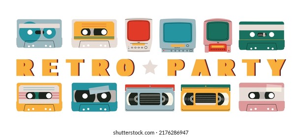 Video and audio tape, TV with vhs. Retro party. Set of vector isolated elements for retro design.