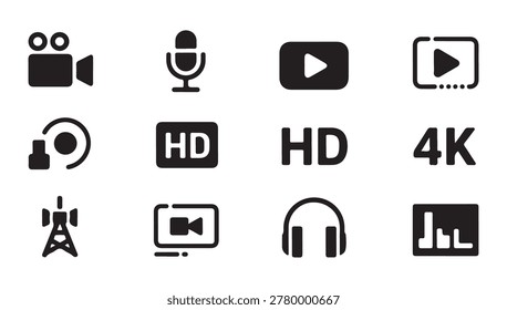 Video and audio technology icons: camera, microphone, play button, HD, 4K, headphones, speaker tower.