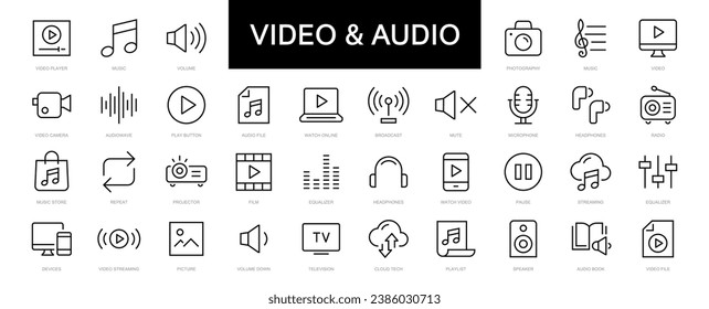 Juego de iconos de línea delgada de vídeo y audio. Icono de trazo editable de audio y vídeo. Ilustración del vector