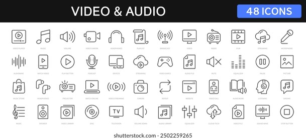 Video- und Audio-Dünnlinien-Symbole eingestellt. Audio, Video editierbares Strichsymbol. Vektorgrafik