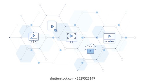 Ilustração de vetor de banner de vídeo com estilo de ícone no meio. ícone Duotônico de Linha. Contendo jogador, arquivo, vod, editor, lição.