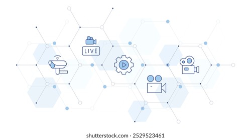 Video Banner Vector Illustration with Icon Style in Between. Line Duotone icon. Containing video camera, cctv camera, live, settings.