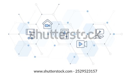 Video Banner Vector Illustration with Icon Style in Between. Line Duotone icon. Containing video player, home, intercom, film editing.