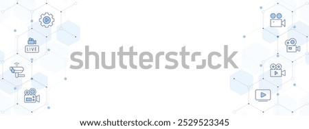 Video Banner Vector Illustration with Two-sided Icon Style. Line Duotone icon. Containing video, video camera, cctv camera, live, settings, camera.