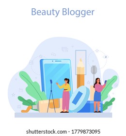 Video beauty blogger concept. Internet celebrity in social network. Popular female blogger doing makeup. Isolated illustration in cartoon style