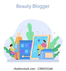 Video beauty blogger concept. Internet celebrity in social network. Popular female blogger doing makeup. Isolated illustration in cartoon style