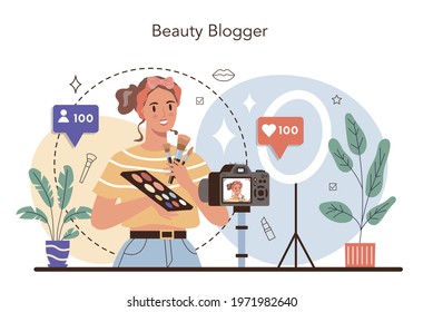 Video beauty blogger concept. Internet celebrity in social network. Popular female blogger doing makeup. Isolated illustration in cartoon style