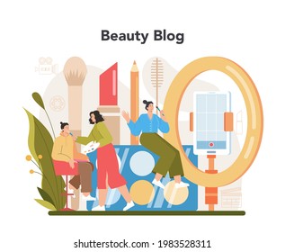 Video beauty blogger concept. Internet celebrity in social network. Popular female blogger doing makeup on a livestream. Flat vector illustration
