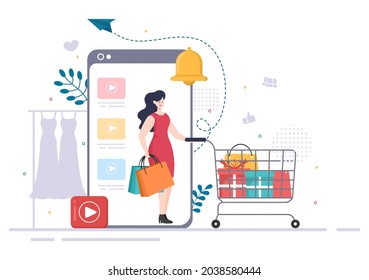 Video Beauty Blogger Content Creator Background of Making Clothing, Dress, Fashion, Online Shopping Flat Design Vector Illustration