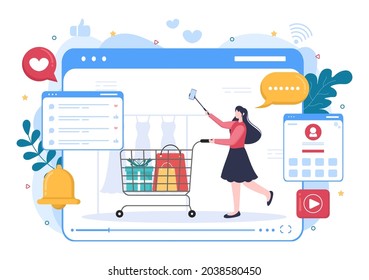 Video Beauty Blogger Content Creator Background of Making Clothing, Dress, Fashion, Online Shopping Flat Design Vector Illustration
