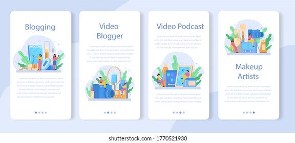 Video beauty blogger mobile application banner set. Internet celebrity in social network. Popular female blogger doing makeup. Isolated illustration in cartoon style