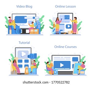 Video beauty blogger online service or platform set. Internet celebrity in social network. Video blog, online course, online lesson, tutorial. Isolated illustration