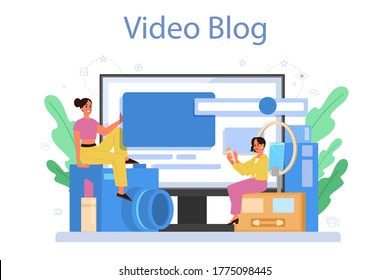 Video beauty blogger online service or platform. Internet celebrity in social network. Video blog. Isolated illustration