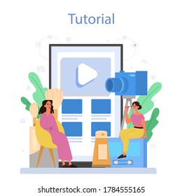 Video beauty blogger online service or platform. Internet celebrity in social network. Tutorial. Isolated illustration