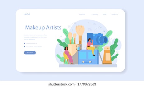 Video beauty blogger web banner or landing page. Internet celebrity in social network. Popular female blogger doing makeup. Isolated illustration in cartoon style