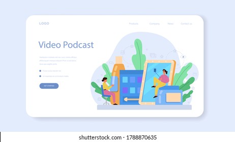 Video beauty blogger web banner or landing page. Internet celebrity in social network. Popular female blogger doing makeup. Isolated illustration in cartoon style