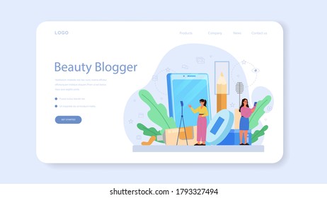 Video beauty blogger web banner or landing page. Internet celebrity in social network. Popular female blogger doing makeup. Isolated illustration in cartoon style