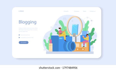 Video beauty blogger web banner or landing page. Internet celebrity in social network. Popular female blogger doing makeup. Isolated illustration in cartoon style