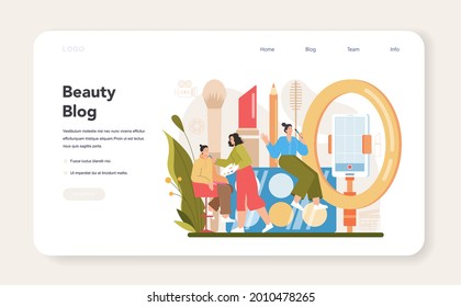 Video beauty blogger web banner or landing page. Internet celebrity in social network. Popular female blogger doing makeup on a livestream. Flat vector illustration