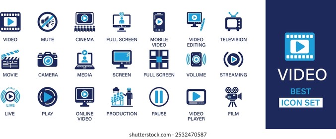 Video best solid icon set collection. Mute, cinema, full screen, mobile video, video editing, movie, media, camera, production  and vector illustration.