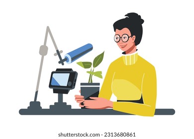 Video blog about crop production. Growing seedlings. Woman shows sprouted flower in pot. Female character records video and talks about plants. Vector illustration flat style