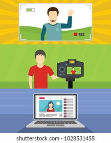 Video blog channel banner concept set. Flat illustration of 3 video blog channel vector banner horizontal concepts for web
