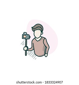 Video blog color icon. Hand drawing sketch. Man shoots himself on video camera.Blogger making vlog.Journalist. Selfie. Morning ritual. Productive morning routine concept. Isolated vector illustration 