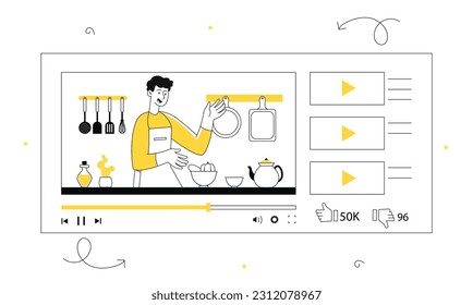 Video blog concept. Man in apron stands in front of camera with plate of vegetables. Master class for cooks, recipe. Webinar and master class, distance learning. Linear flat vector illustration