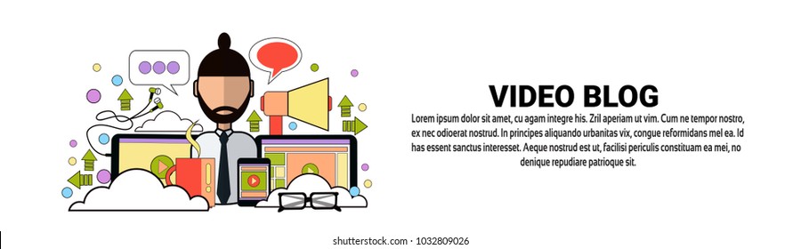 Pancarta horizontal de concepto de contenido de blog de vídeo con iluminación de vectores planos de espacio de copia