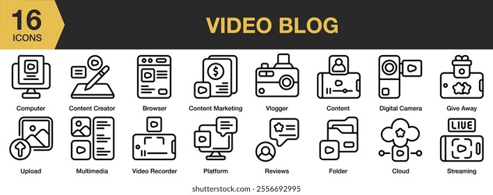 Video Blog icon set. Includes Action Camera, Influencer, Vlog, Vlogger, Youtuber, and More. Outline icons vector collection.