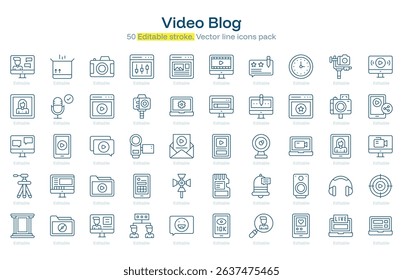 Video Blog line icon pack. Video Blog Stroke icon set. Editable Stroke icon