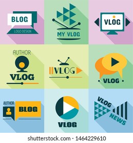 Video blog logo set. Flat set of 9 video blog vector logo for web design isolated on white background