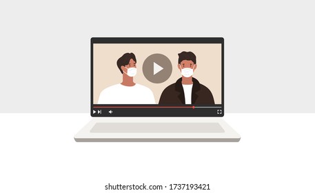 Video blog. People with medical masks. Bloggers. Vector