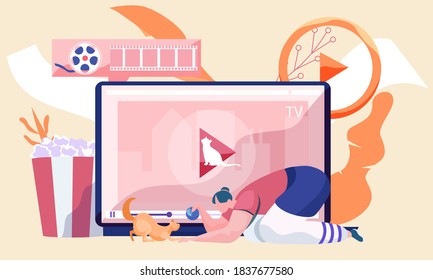 Video blog for pet owners, post about keeping cats at home, funny animal stories. Woman playing with her ginger kitty, teasing him with a ball, sitting near opened laptop with video player button