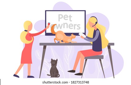 Video blog for pet owners, women near computer screen with tutorial about keeping kitty at home. Information channel about cats and dogs, domestic animal care concept flat vector illustration