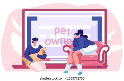 Video blog for pet owners, women near computer screen with tutorial about keeping dogs at home. Information post about how to choose a pedigree puppy, animal care concept flat vector illustration