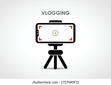 Video blog recording using mobile and tripod stand. Vector illustration of making videos for social media publishing. 