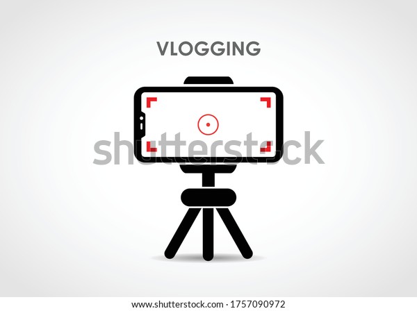 Video blog\
recording using mobile and tripod stand. Vector illustration of\
making videos for social media publishing.\
