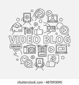 Video blog round linear illustration. Vector outline computer video blogging concept circular sign