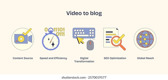 Video to blog shows a camera, stopwatch, and keyboard symbolizing content creation, efficiency, and digital transformation. Neubrutalism style