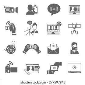 Video blog social media communication black icons set isolated vector illustration