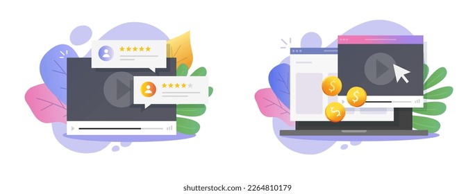 Video blog vlog earning money, income monetize online icon illustration, chatting social monetization digital marketing graphic design, web internet electronic media cash on laptop computer image