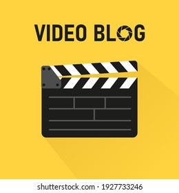 Video blog. Vlog. Movie clapperboard on yellow background. Movie clapper. Video blog logo, vlog logo. Blogger.