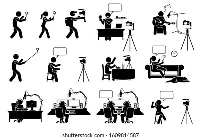 Video blog, vlog, podcast, and live streaming stick figure pictogram icons. Vector illustrations depict people self video recording with camera to create Internet online content for social media.