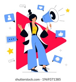 Video Blogger Announces New Content Release For Subscribers On Her Online Channel. A Girl Holding A Loudspeaker. Social Media Marketing Concept. Influencer Girl Attracts Followers. Internet Vlog