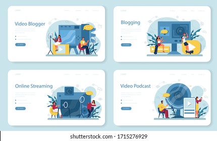 Video blogger, blogueo y podcasting banner o página de inicio. Comparte contenido en internet. Idea de medios sociales y redes. Comunicación en línea. Conjunto de ilustraciones vectoriales planas aisladas