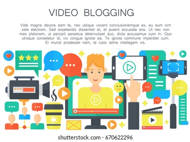 Video blogger cartoon flat concept. Computer screen with male man blogger. Personal blogging channel broadcasting. Vector web template illustration.