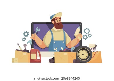 Composición del videobloguero con computadora de escritorio y personaje humano rodeado de iconos de equipo y señales de ilustración vectorial